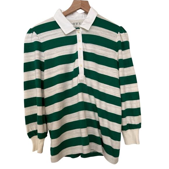 Loft Green White Striped Collared Long Sleeve Top Medium Quarter Button - Picture 2 of 9